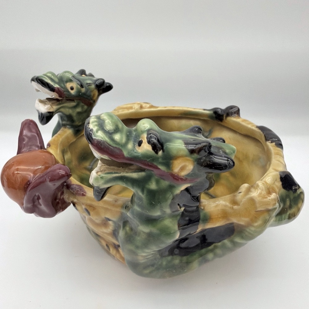 Majolica Style Twin Dragon Ceramic Bowl Feng Shui Flaming Pearl 7in